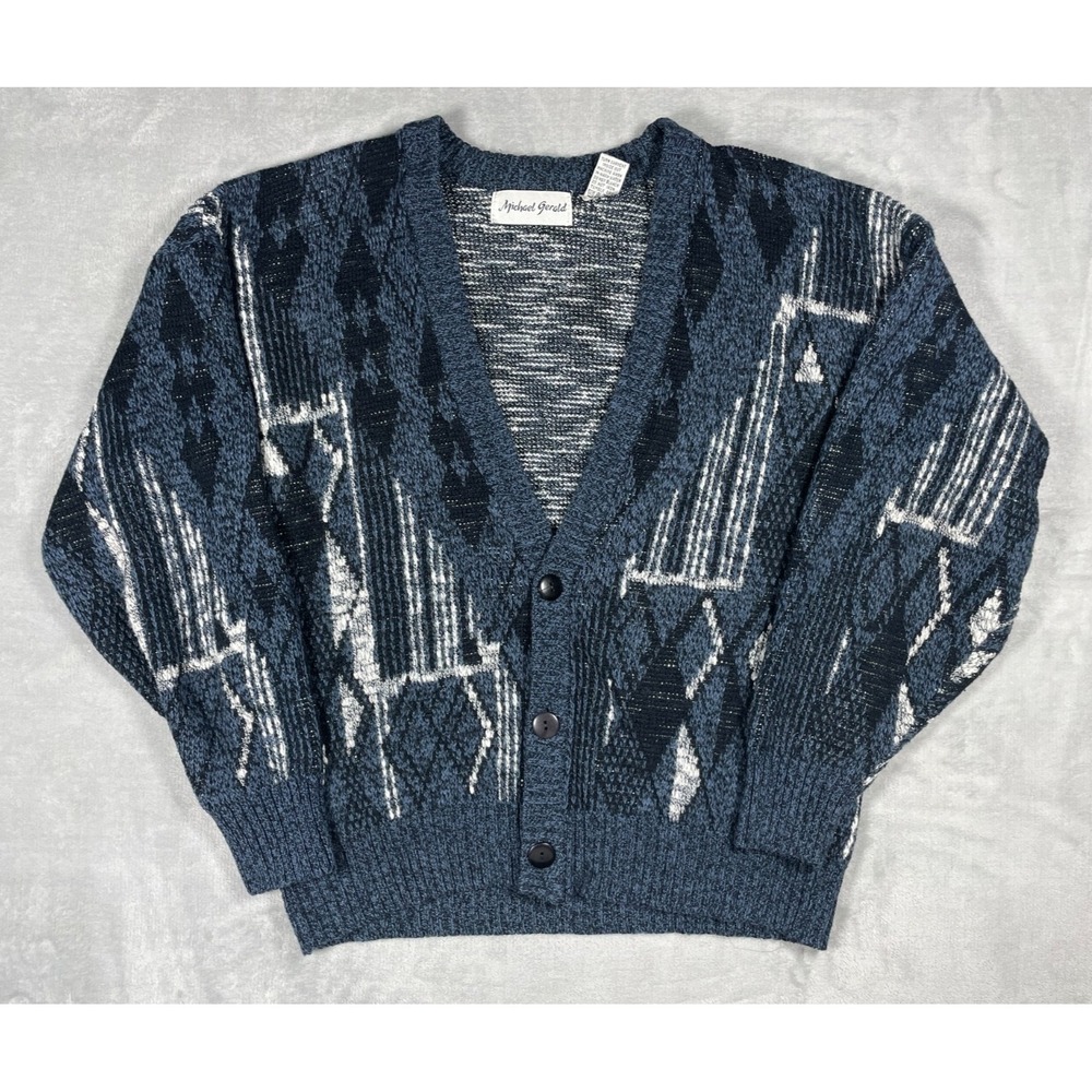 Vintage Michael Gerald Cardigan Sweater Men L Blue Geometric Knit Grandpa